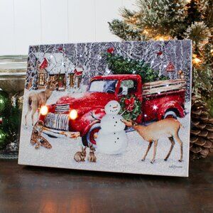 Snowman and Truck Lighted Tabletop Canvas Print -Battery Operated with Timer